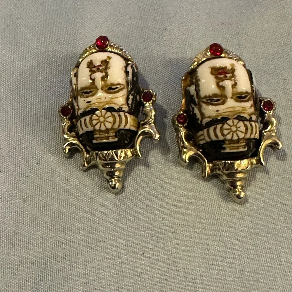 Vintage‎ Japanese Toshikane Mask Porcelain Earrings Clip Backs